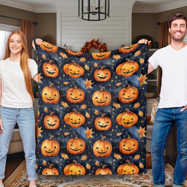 Cute Moonlit Jack-O-Lantern Pumpkins Halloween Fleece Blanket (Cute Moonlit Jack-O-Lantern Pumpkins Halloween Fleece Blanket)