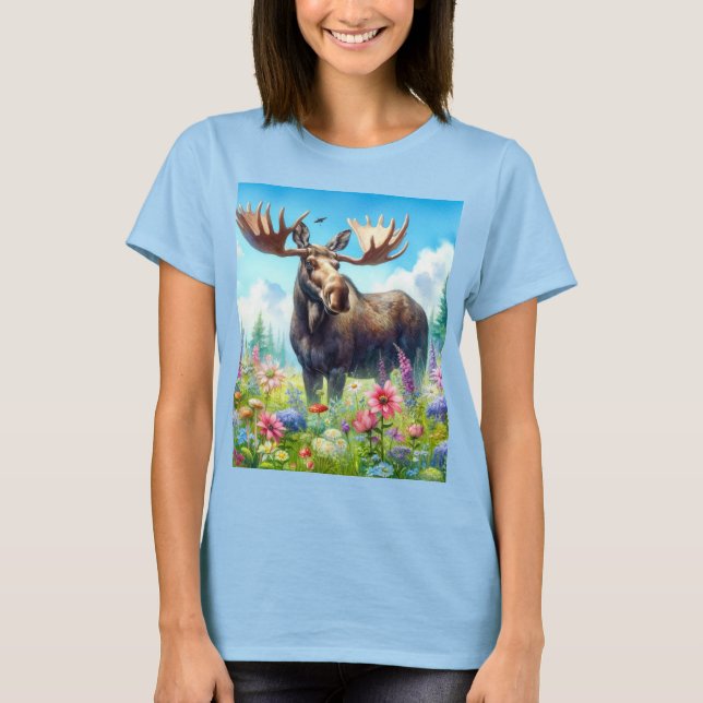 Cute Moose and Wildflowers T-Shirt (Front)