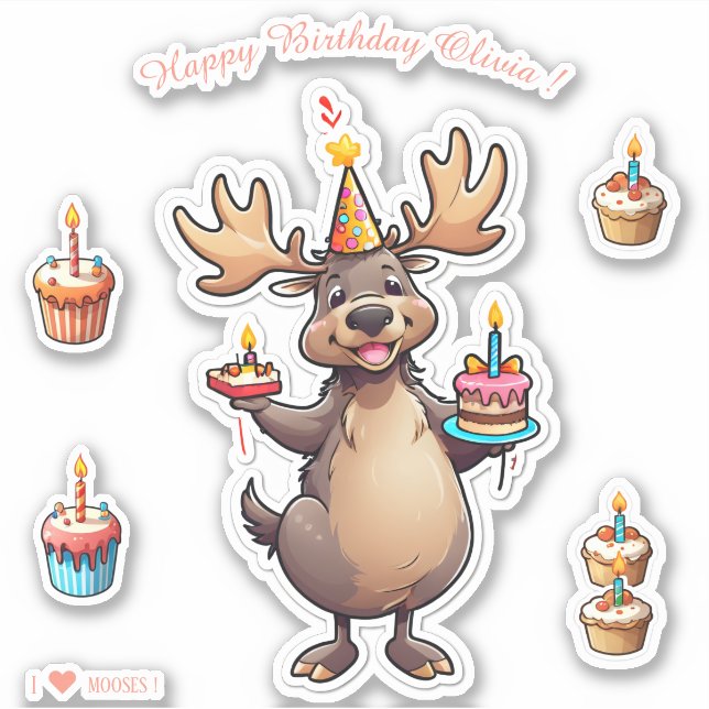 Cute Moose Birthday Sticker Personalized (Front)