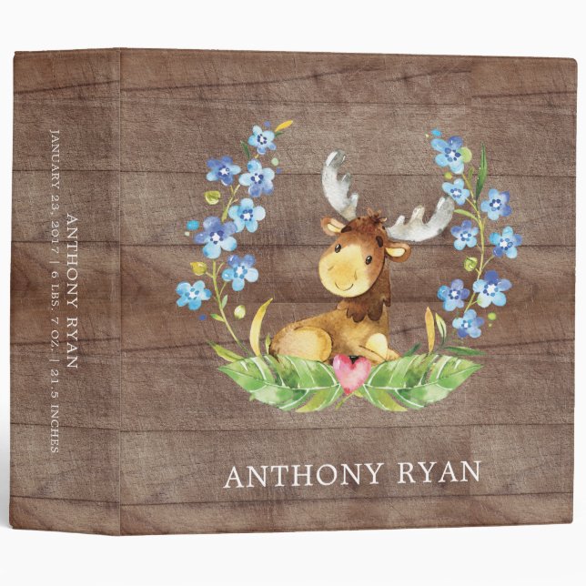 Cute Moose Boys Baby Photo Album 3 Ring Binder (Front/Spine)