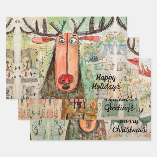 Cute Moose Christmas Typography Modern Fun 3_pc Wrapping Paper Sheets