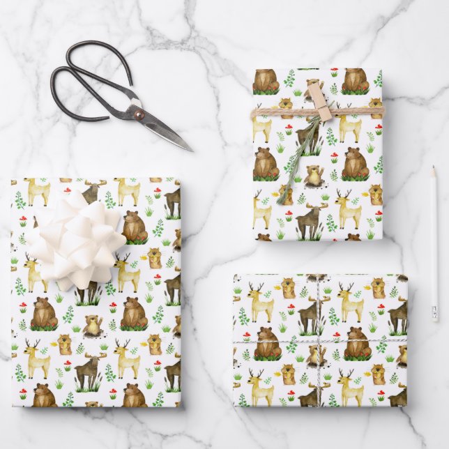 Cute Moose Deer Forest Animals Pattern Wrapping Paper Sheets (Front)