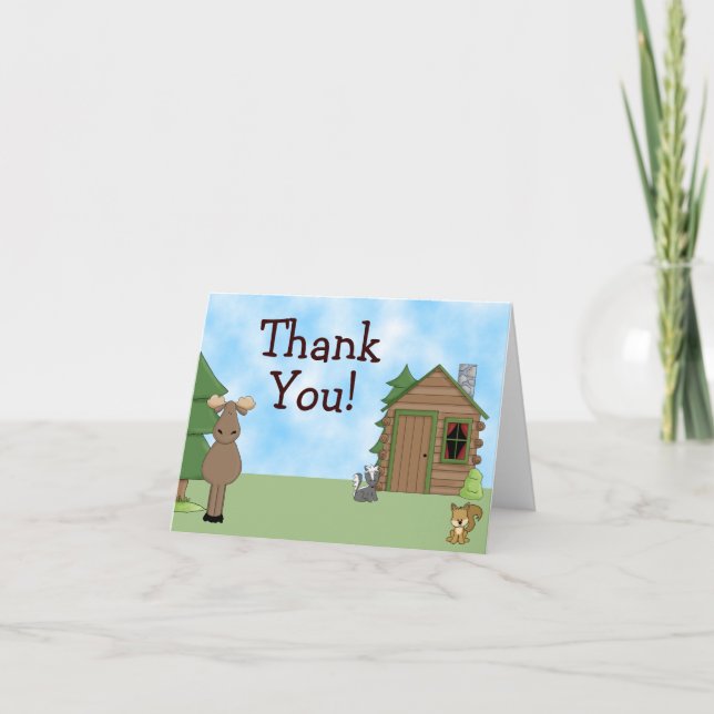 Cute Moose, Forest Animals and Cabin Thank You Card (Front)