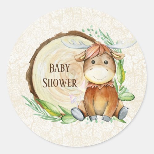  Cute Moose Greenery Wood Slice Baby Shower Classic Round Sticker