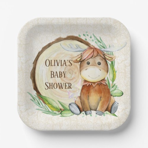  Cute Moose Greenery Wood Slice Baby Shower Custom Paper Plates