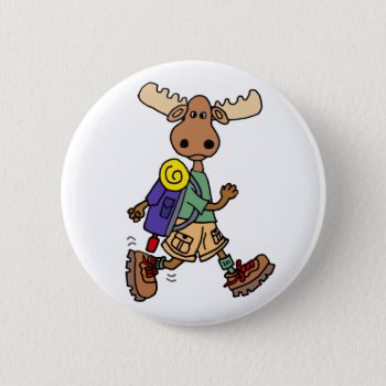 Cute Moose Hiker Cartoon Button by naturesmiles at Zazzle