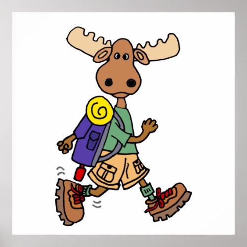 Cute Moose Hiker Cartoon Poster