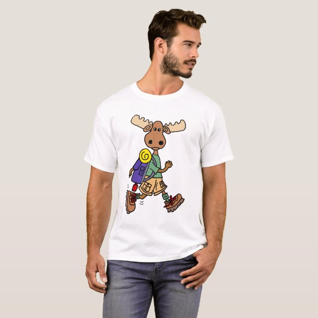 Cute Moose Hiker Cartoon T-Shirt (Front Full)