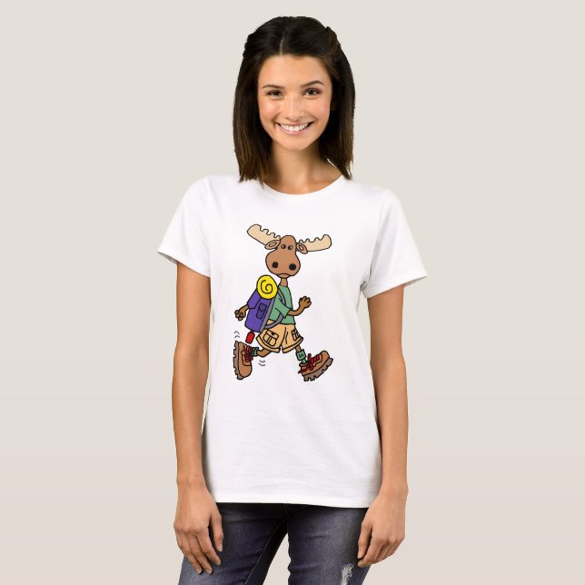 Cute Moose Hiker Cartoon T-Shirt (Front Full)