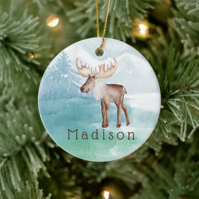 Cute Moose Personalized Holiday Ceramic Ornament (Tree)