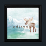 Cute Moose Personalized Holiday Gift Box<br><div class="desc">Watercolor holiday illustration features cute moose with winter scene background. Personalize with customizable text in modern brown font</div>