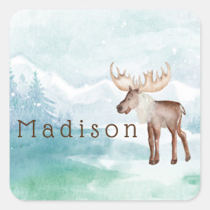 Cute Moose Personalized Holiday Square Sticker