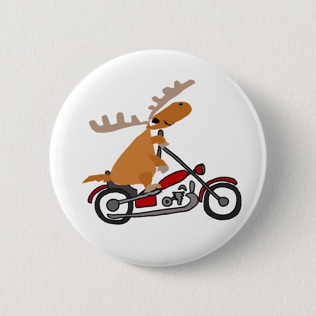 Cute Moose Riding Motorcycle Cartoon Button (Front)