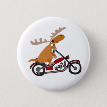 Cute Moose Riding Motorcycle Cartoon Button by naturesmiles at Zazzle