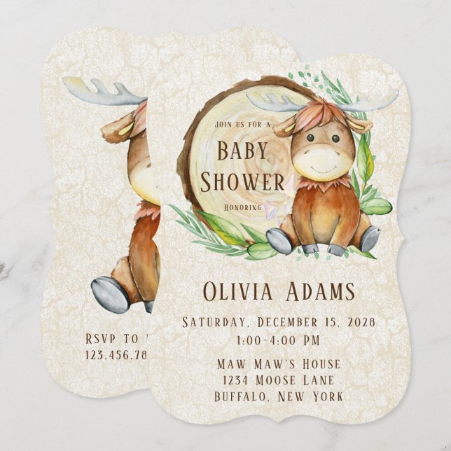 Cute Moose Watercolor Baby Shower  Invitation (Front/Back)