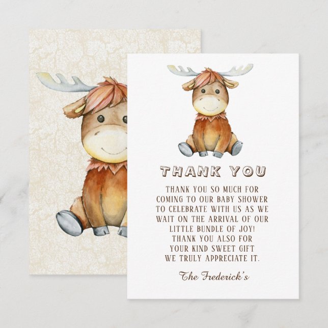 Cute Moose Watercolor Baby Shower Thank You Cards (Front/Back)