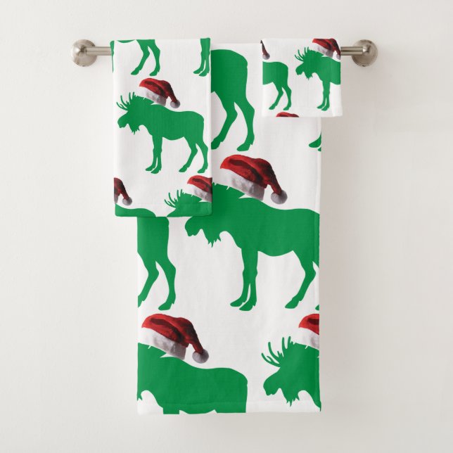 Cute Moose Wearing a Santa Claus Hat Bath Towel Set (Insitu)