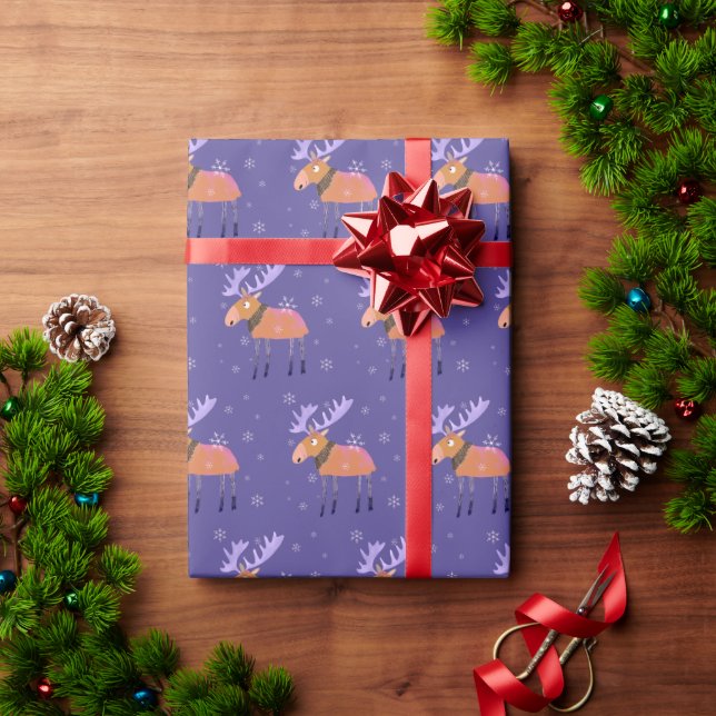 Cute Moose with Snowflakes Wrapping Paper (Holiday Gift)