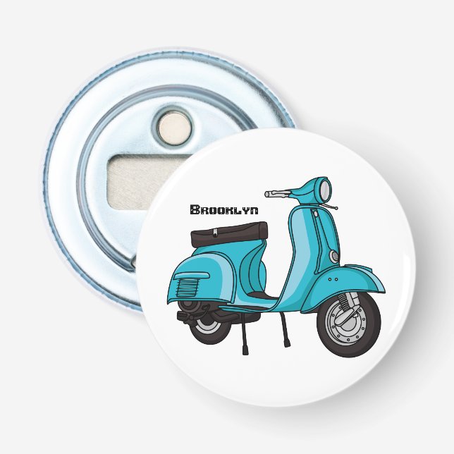 Cute moped motorcycle cartoon illustration bottle opener (Front)