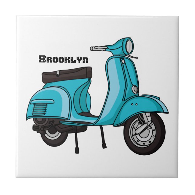 Cute moped motorcycle cartoon illustration ceramic tile (Front)