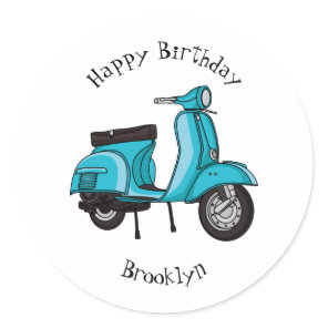 Cute moped motorcycle cartoon illustration classic round sticker