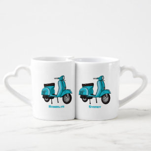 Cute moped motorcycle cartoon illustration coffee mug set