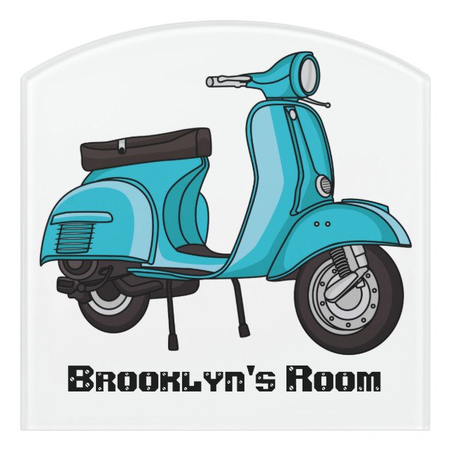 Cute moped motorcycle cartoon illustration door sign (Contour Front)