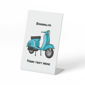 Cute moped motorcycle cartoon illustration pedestal sign
