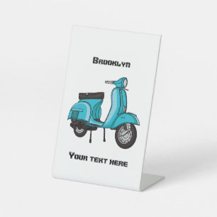 Cute moped motorcycle cartoon illustration pedestal sign