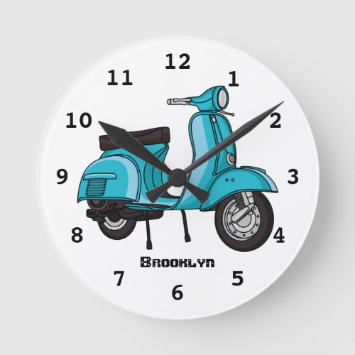 Cute moped motorcycle cartoon illustration round clock