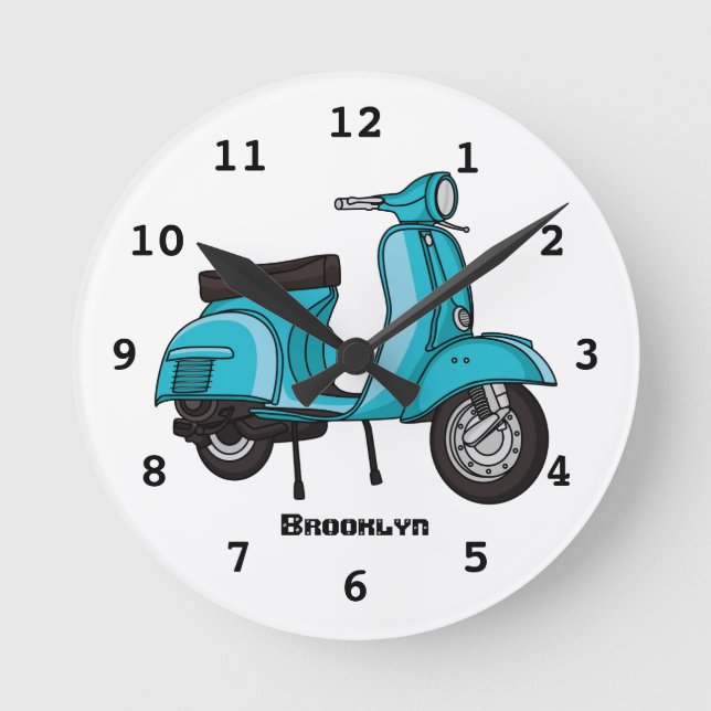 Cute moped motorcycle cartoon illustration round clock (Front)