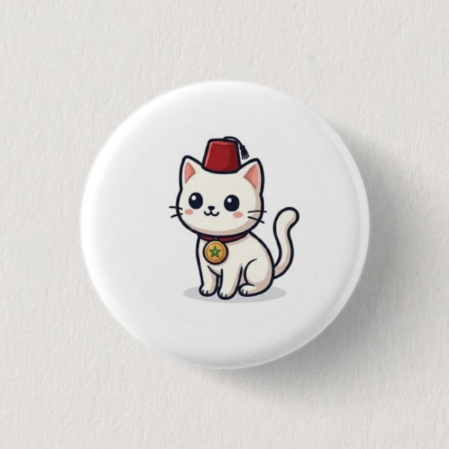 Cute Moroccan Kawaii Cat with Fez Sticker Button (Front)