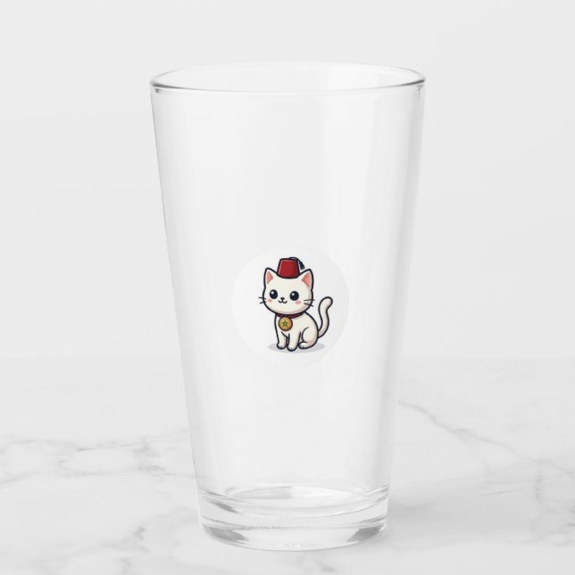 Cute Moroccan Kawaii Cat with Fez Sticker Glass (Front)