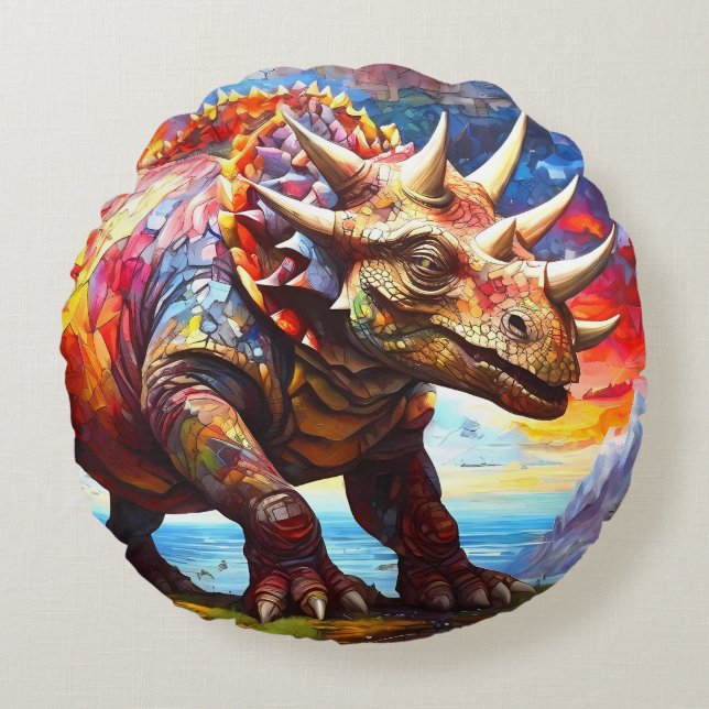 Cute Mosaic Dinosaurs cushion pillow set.  (Front)