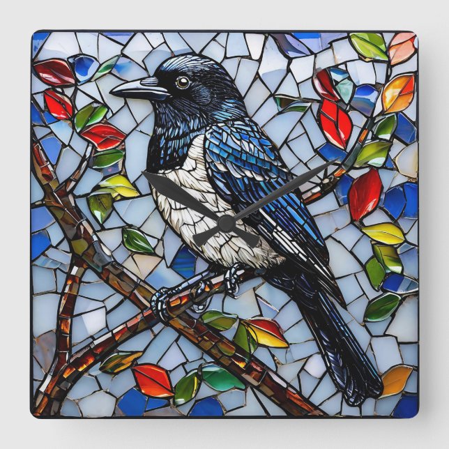 Cute mosaic magpie square wall clock (Front)