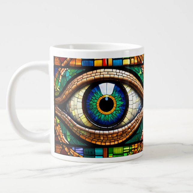 Cute Mosaic Stained Glass Eye design Blue & Greens Giant Coffee Mug (Left)