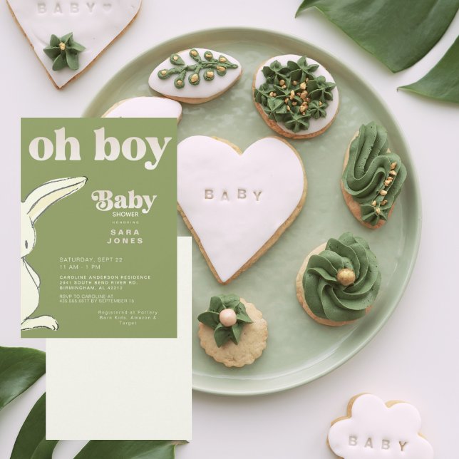 Cute Moss Green Oh Boy Rabbit Baby Shower Invitation (Creator Uploaded)