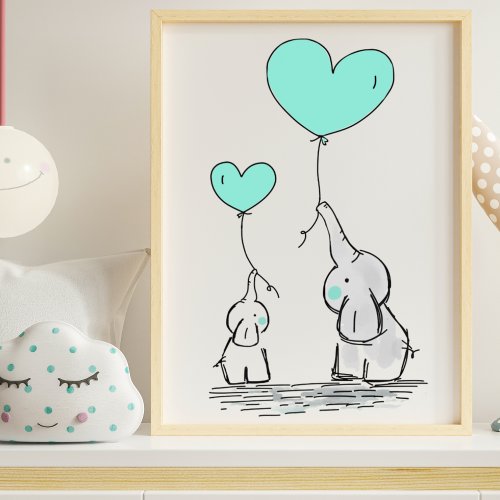 Cute Mother and Baby Elephant Heart Balloons Poster