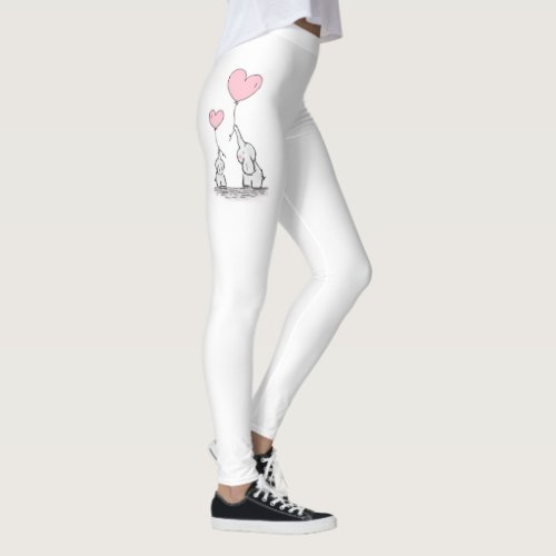 Cute Mother and Baby Elephants with Heart Balloons Leggings