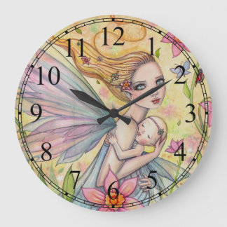 Cute Mother and Baby Girl Fairy Illustration Large Clock