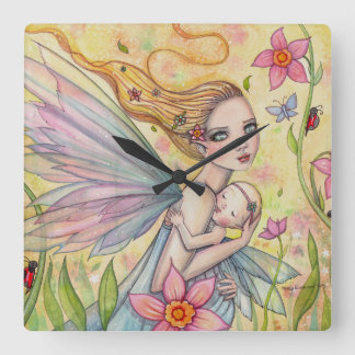 Cute Mother and Baby Girl Fairy Illustration Square Wall Clock