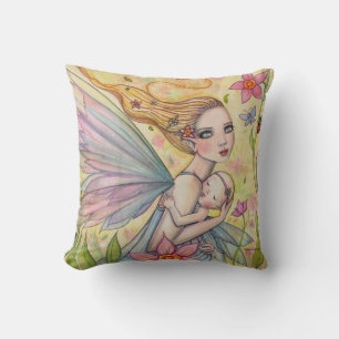 Cute Mother and Baby Girl Fairy Illustration Throw Pillow