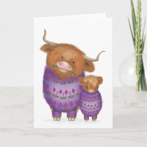 Cute mother and baby Highland cow blank card