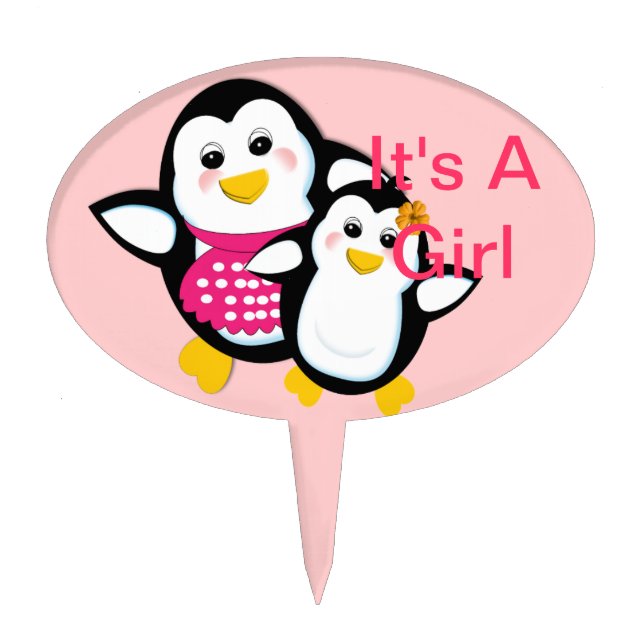 Cute Mother And Baby Penguin It's A Girl Cake Topper (Front)