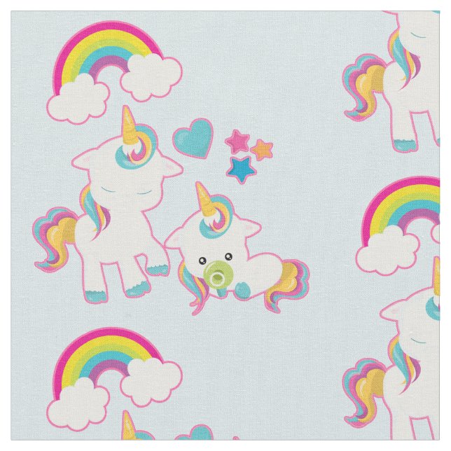 Cute Mother and Baby Unicorns Magical Pattern Fabric (Close Up)