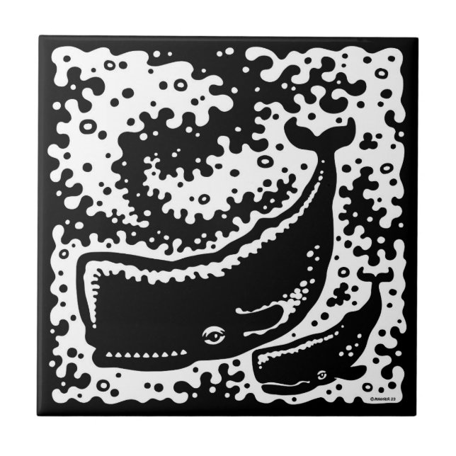 Cute Mother and Calf Whales Ceramic Tile (Front)