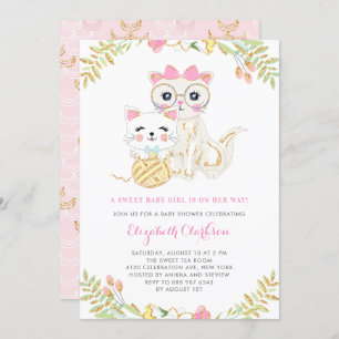 Cute Mother and Daughter Cats Floral Baby Shower Invitation