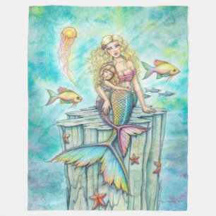 Cute Mother and Daughter Mermaid Fantasy Art Fleece Blanket