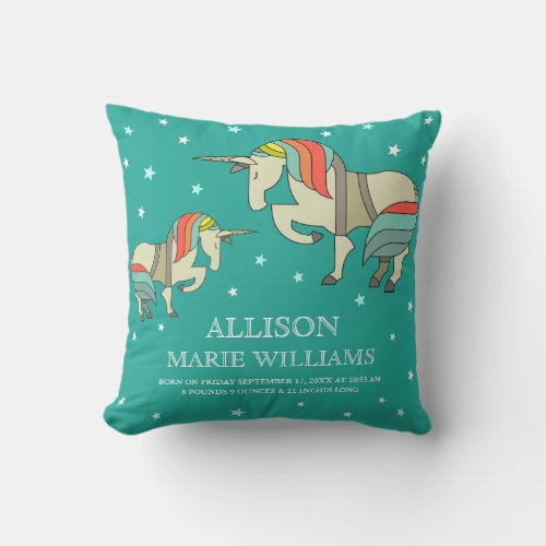 Cute Mother and Daughter Teal Unicorn Birth Stats Throw Pillow