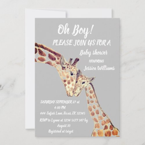 Cute Mother Baby Boy Giraffe Safari Boho Animals Invitation
